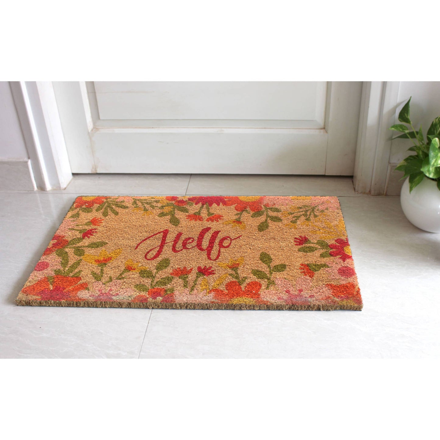 Hello Cursive Flowers Doormat: 18"x30"