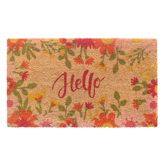 Hello Cursive Flowers Doormat: 18"x30"