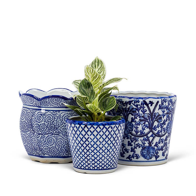 Ornate Taper Planter-Blu/Wht-7" H